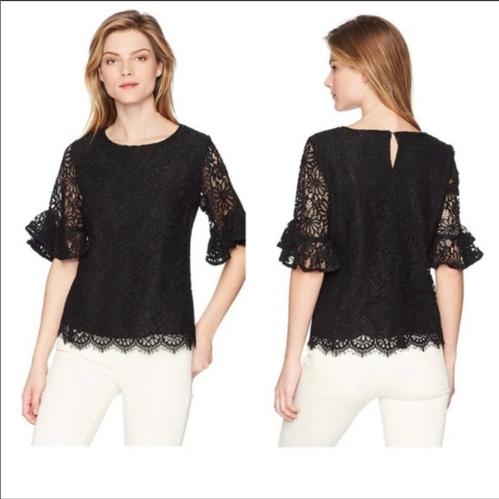 Nanette Lepore Navy Blue Lace Ruffle Sleeve Top - S